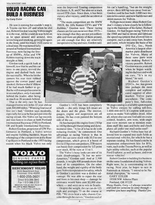 Volvo Racing Can Build A Business, newspaper article. Rob Gordon, owner of Vol-Tech, Volvo Sercice